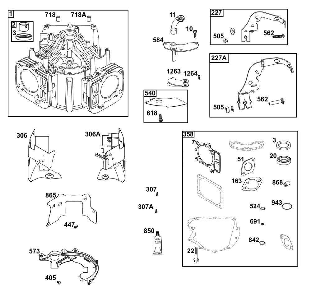 Cylinder Group Diagram and Parts List for 40U877-0036-G1  Briggs and Stratton Engine